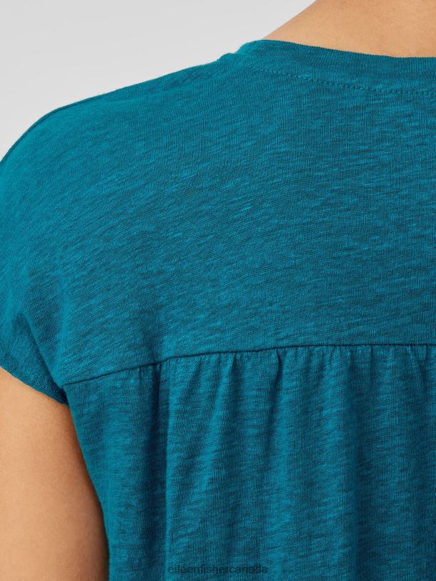 EILEEN FISHER Organic Linen Jersey Shirred-Back Top Boxy Fit Basic Length Women JEWEL Clothing 024FN134