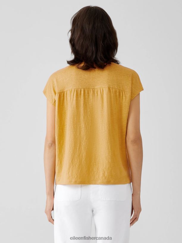EILEEN FISHER Organic Linen Jersey Shirred-Back Top Boxy Fit Basic Length Women MARIGOLD Clothing 024FN311