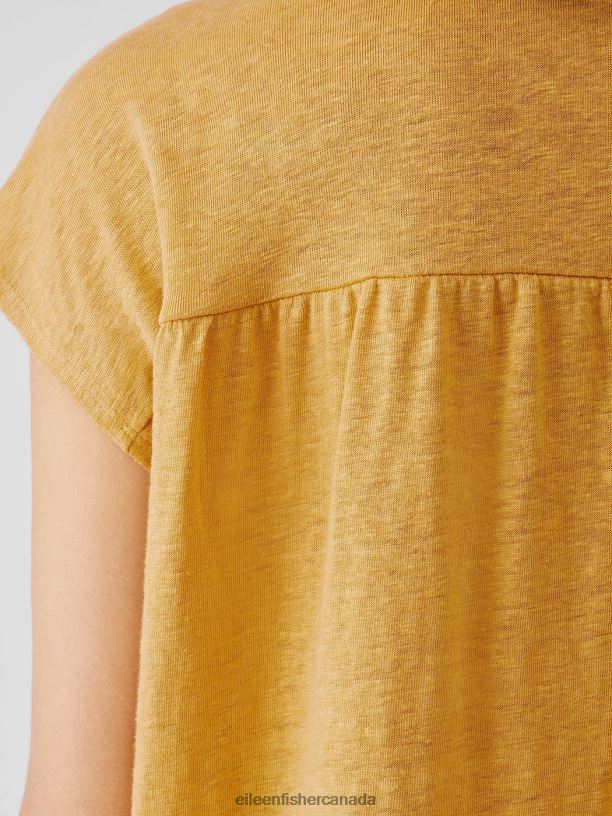 EILEEN FISHER Organic Linen Jersey Shirred-Back Top Boxy Fit Basic Length Women MARIGOLD Clothing 024FN311