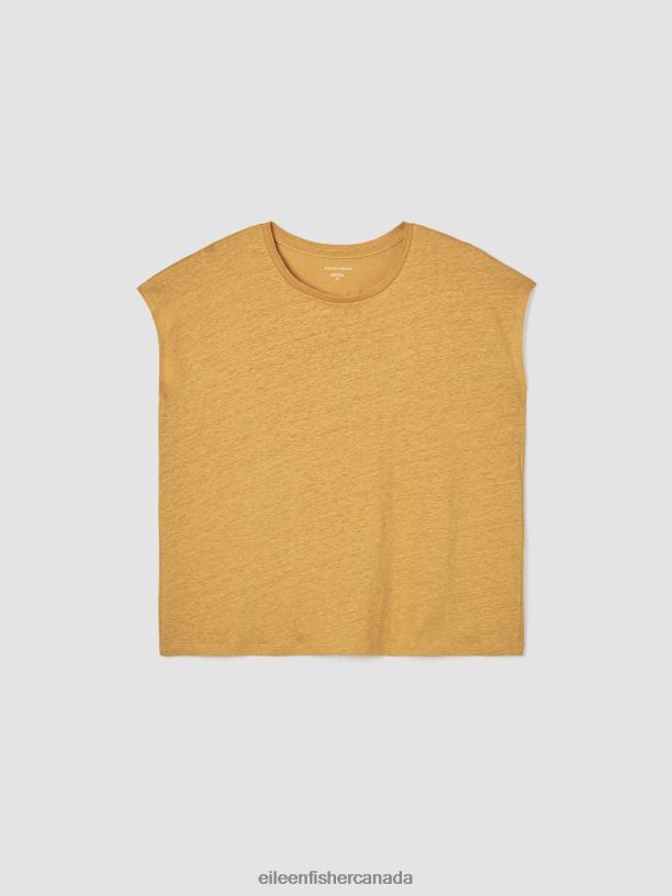 EILEEN FISHER Organic Linen Jersey Shirred-Back Top Boxy Fit Basic Length Women MARIGOLD Clothing 024FN311