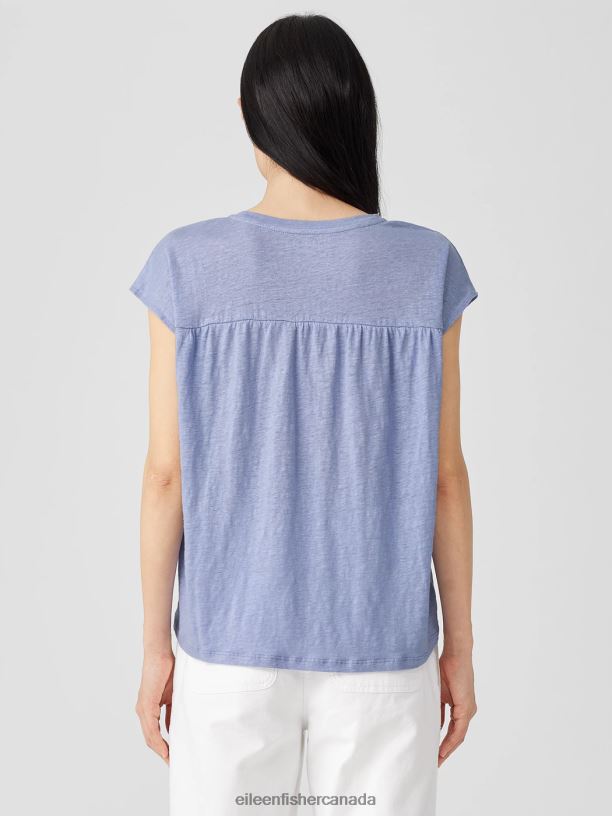 EILEEN FISHER Organic Linen Jersey Shirred-Back Top Boxy Fit Basic Length Women PLUME Clothing 024FN139