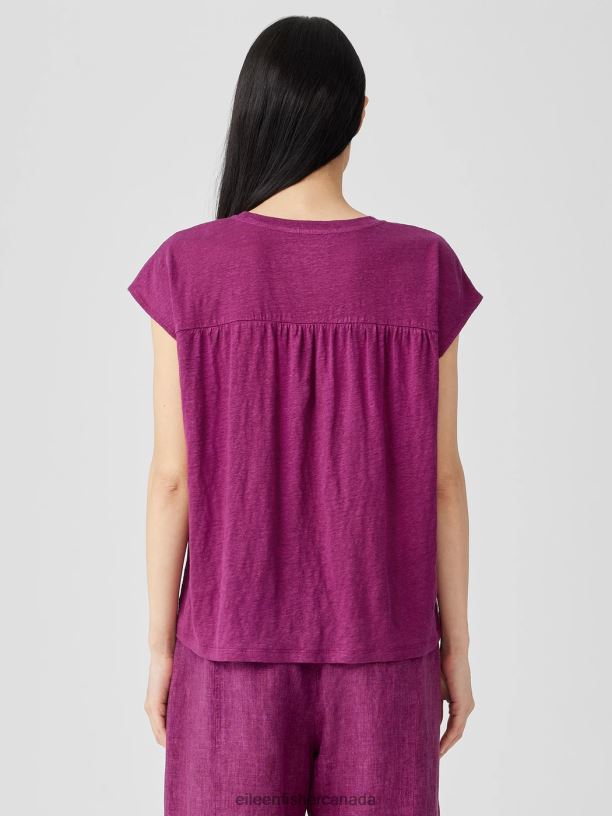 EILEEN FISHER Organic Linen Jersey Shirred-Back Top Boxy Fit Basic Length Women RASPBERRY Clothing 024FN137