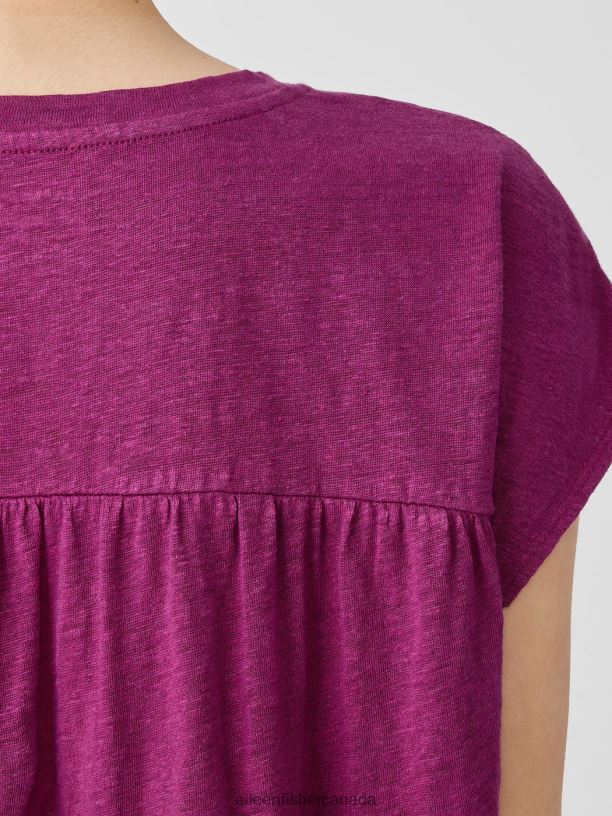 EILEEN FISHER Organic Linen Jersey Shirred-Back Top Boxy Fit Basic Length Women RASPBERRY Clothing 024FN137