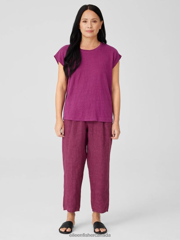 EILEEN FISHER Organic Linen Jersey Shirred-Back Top Boxy Fit Basic Length Women RASPBERRY Clothing 024FN137