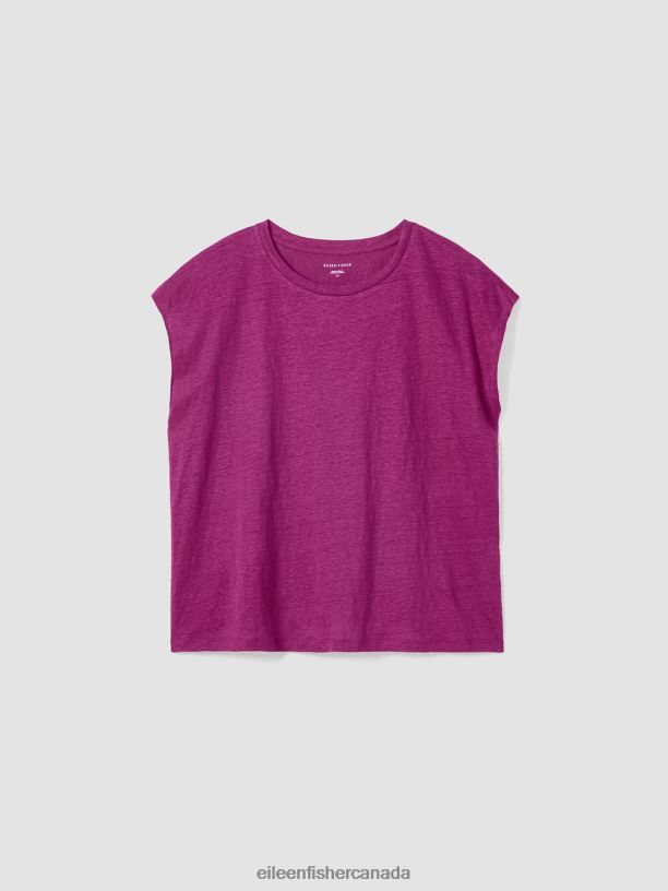EILEEN FISHER Organic Linen Jersey Shirred-Back Top Boxy Fit Basic Length Women RASPBERRY Clothing 024FN137