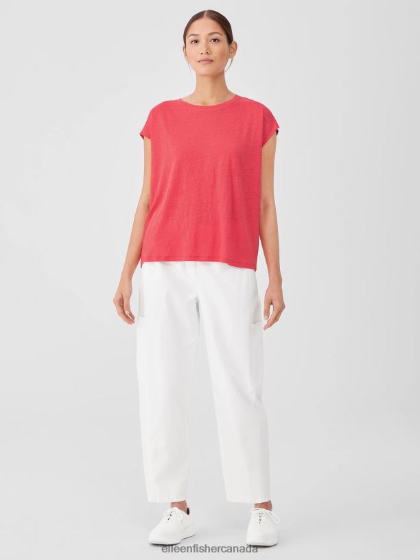 EILEEN FISHER Organic Linen Jersey Shirred-Back Top Boxy Fit Basic Length Women WATERMELON Clothing 024FN136