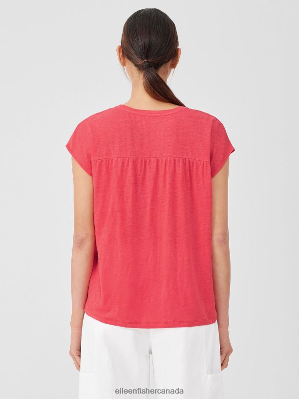 EILEEN FISHER Organic Linen Jersey Shirred-Back Top Boxy Fit Basic Length Women WATERMELON Clothing 024FN136