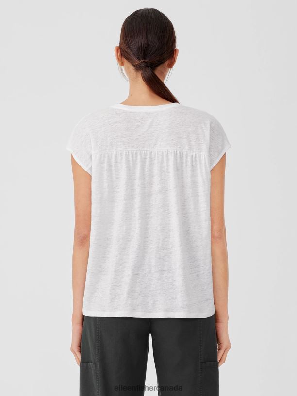 EILEEN FISHER Organic Linen Jersey Shirred-Back Top Boxy Fit Basic Length Women WHITE Clothing 024FN133