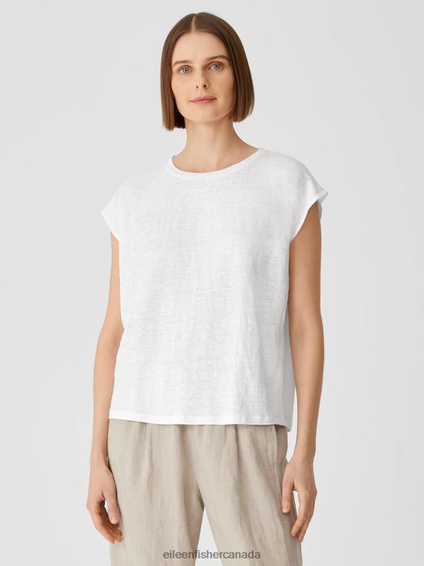 EILEEN FISHER Organic Linen Jersey Shirred-Back Top Boxy Fit Basic Length Women WHITE Clothing 024FN310