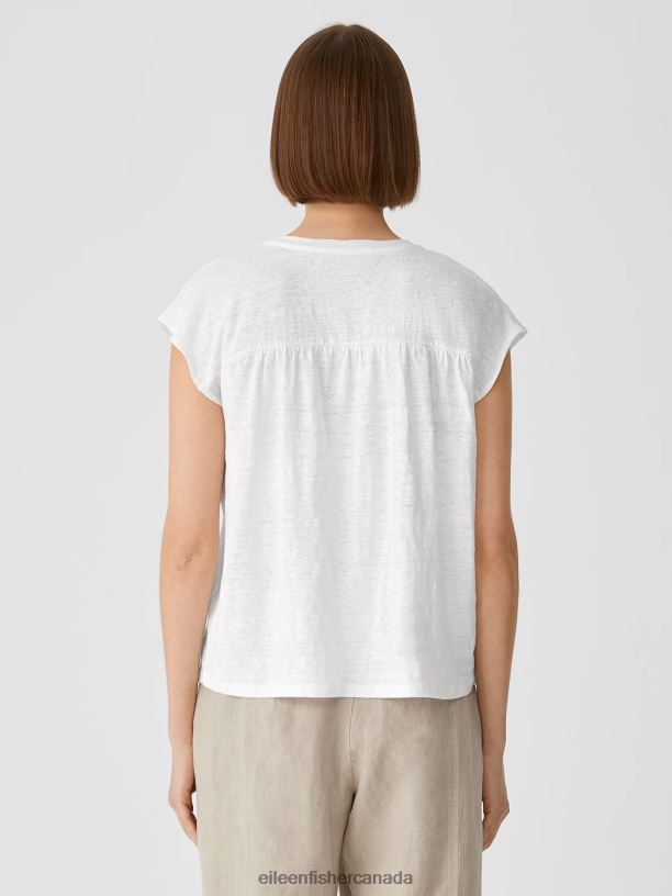 EILEEN FISHER Organic Linen Jersey Shirred-Back Top Boxy Fit Basic Length Women WHITE Clothing 024FN310