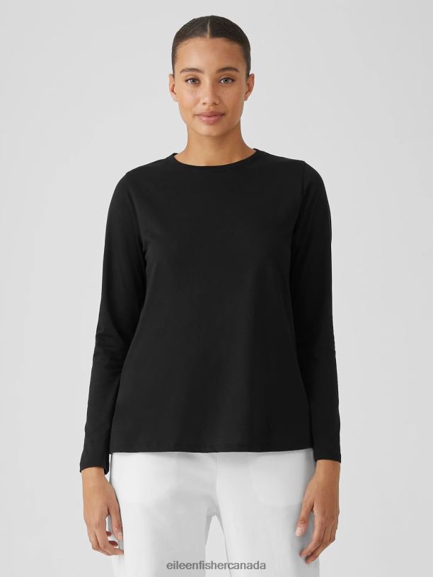EILEEN FISHER Organic Pima Cotton Jersey Round Neck Top Easy Fit Basic Length Women BLACK Clothing 024FN336