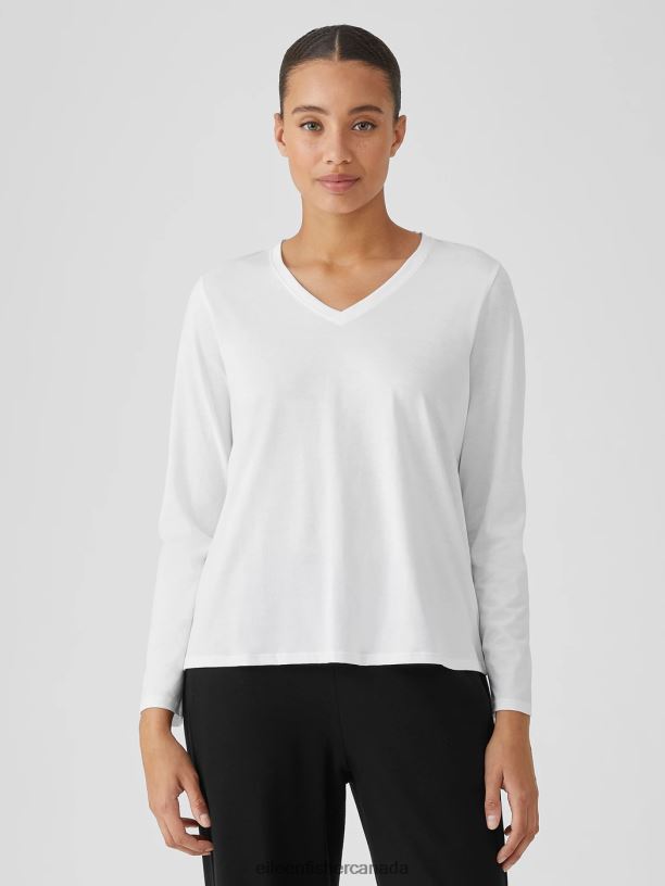 EILEEN FISHER Organic Pima Cotton Jersey V-Neck Top Easy Fit Basic Length Women WHITE Clothing 024FN338