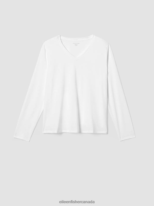EILEEN FISHER Organic Pima Cotton Jersey V-Neck Top Easy Fit Basic Length Women WHITE Clothing 024FN338