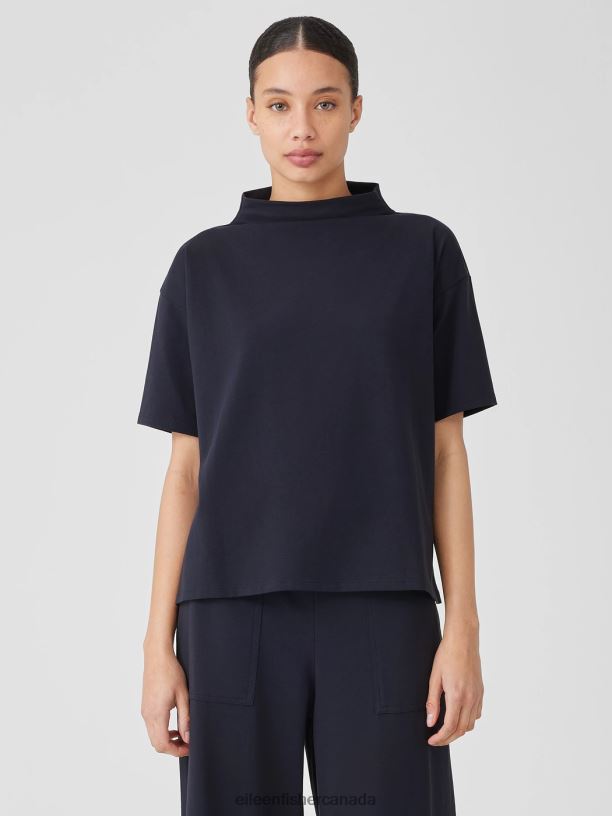 EILEEN FISHER Pima Cotton Stretch Jersey Funnel Neck Top Boxy Fit Basic Length Women BLACK Clothing 024FN234