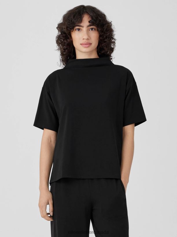 EILEEN FISHER Pima Cotton Stretch Jersey Funnel Neck Top Boxy Fit Basic Length Women BLACK Clothing 024FN235