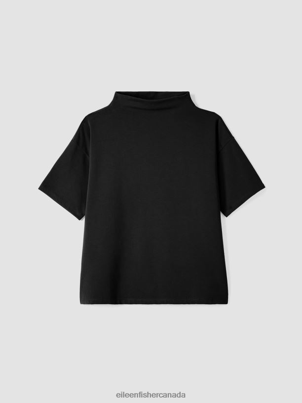 EILEEN FISHER Pima Cotton Stretch Jersey Funnel Neck Top Boxy Fit Basic Length Women BLACK Clothing 024FN235