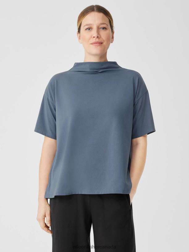 EILEEN FISHER Pima Cotton Stretch Jersey Funnel Neck Top Boxy Fit Basic Length Women DUSK Clothing 024FN236