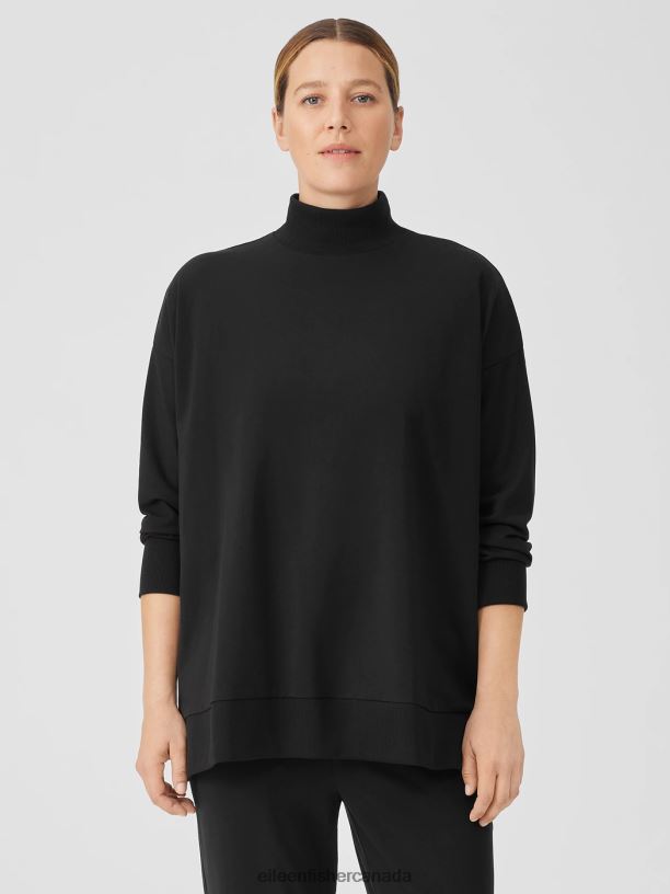 EILEEN FISHER Pima Cotton Stretch Jersey Mock Neck Top Boxy Fit Basic Length Women BLACK Clothing 024FN243