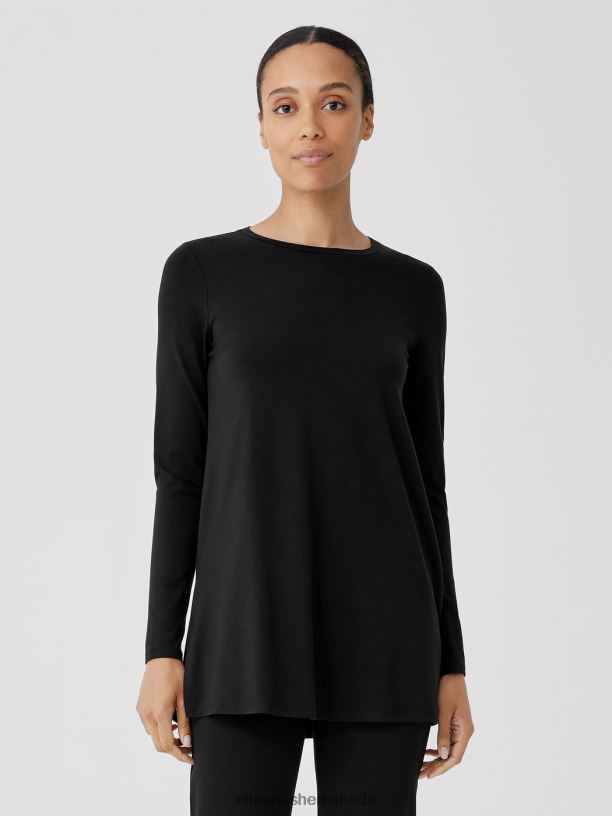 EILEEN FISHER Stretch Jersey Knit Crew Neck Long Top Easy Fit Long Length Women BLACK Clothing 024FN213