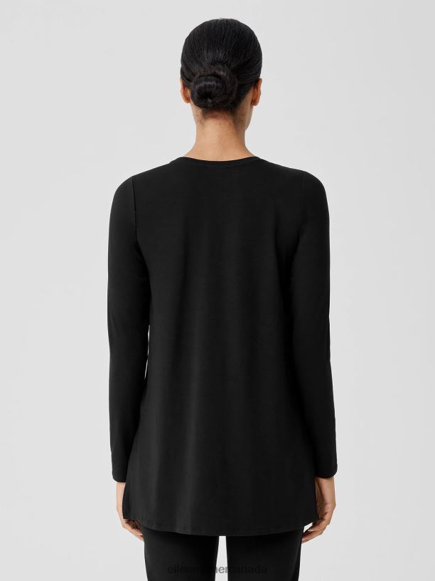 EILEEN FISHER Stretch Jersey Knit Crew Neck Long Top Easy Fit Long Length Women BLACK Clothing 024FN213