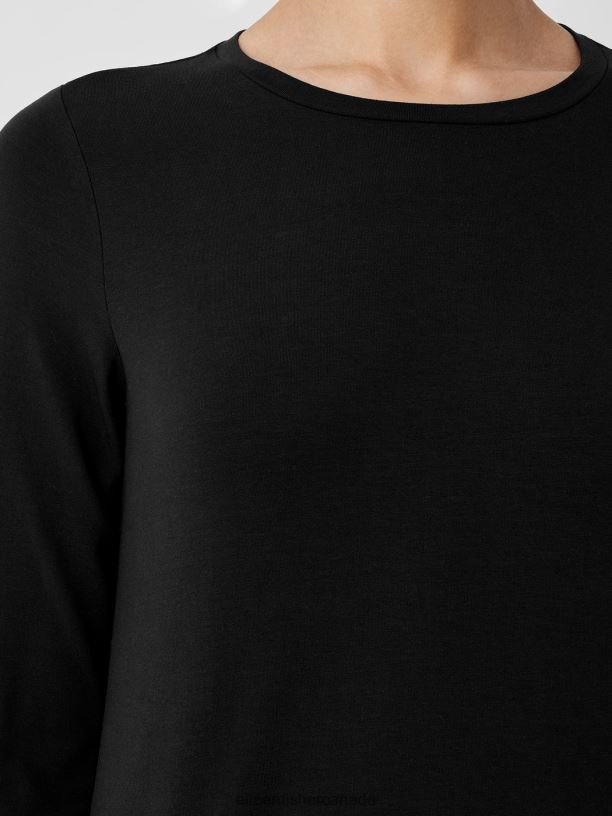 EILEEN FISHER Stretch Jersey Knit Crew Neck Long Top Easy Fit Long Length Women BLACK Clothing 024FN213