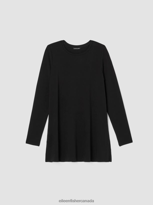 EILEEN FISHER Stretch Jersey Knit Crew Neck Long Top Easy Fit Long Length Women BLACK Clothing 024FN213
