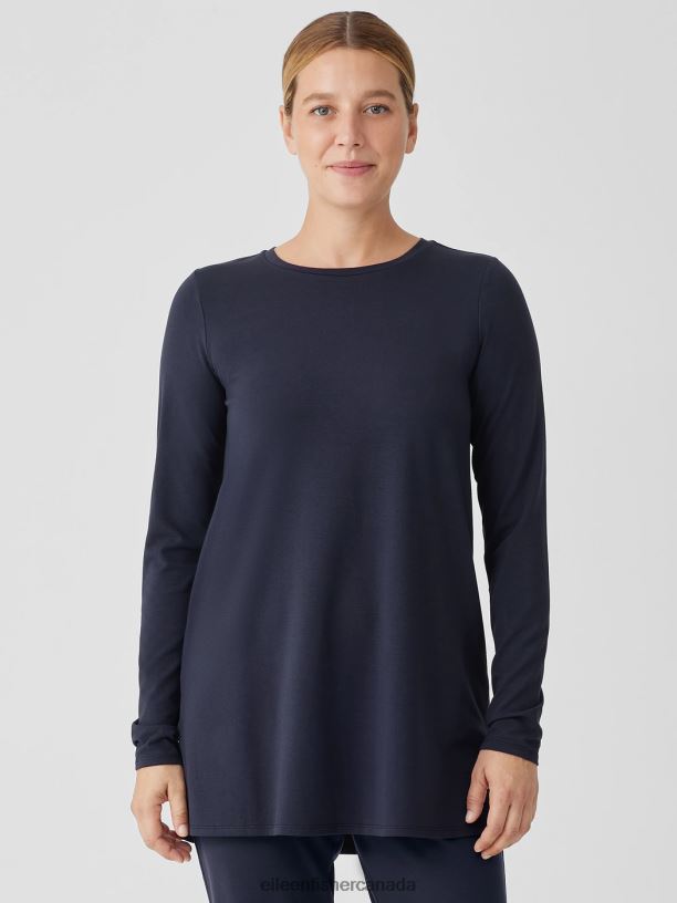 EILEEN FISHER Stretch Jersey Knit Crew Neck Long Top Easy Fit Thigh Length Women BLACK Clothing 024FN265