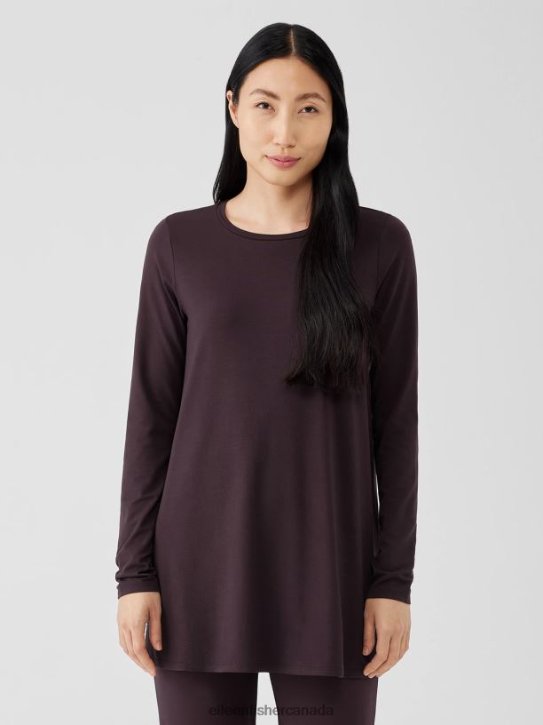 EILEEN FISHER Stretch Jersey Knit Crew Neck Long Top Easy Fit Thigh Length Women CASSIS Clothing 024FN266