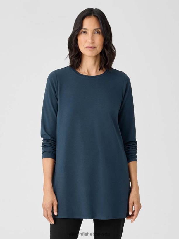 EILEEN FISHER Stretch Jersey Knit Crew Neck Long Top Easy Fit Thigh Length Women DEEP ADRIATIC Clothing 024FN268