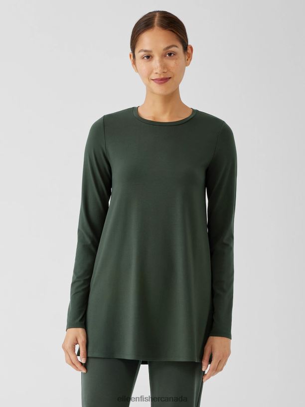 EILEEN FISHER Stretch Jersey Knit Crew Neck Long Top Easy Fit Thigh Length Women WOODLAND Clothing 024FN267
