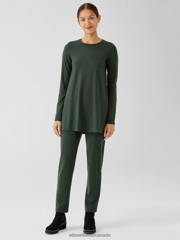 EILEEN FISHER Stretch Jersey Knit Crew Neck Long Top Easy Fit Thigh Length Women WOODLAND Clothing 024FN267