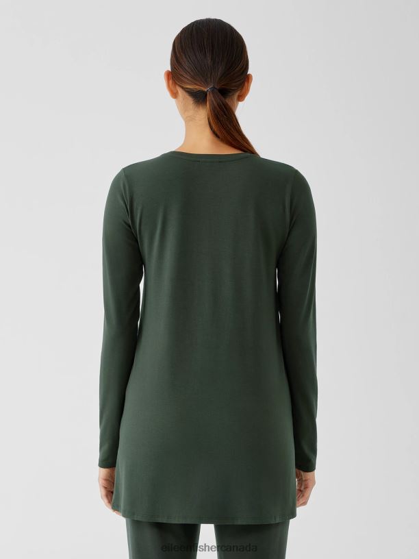 EILEEN FISHER Stretch Jersey Knit Crew Neck Long Top Easy Fit Thigh Length Women WOODLAND Clothing 024FN267