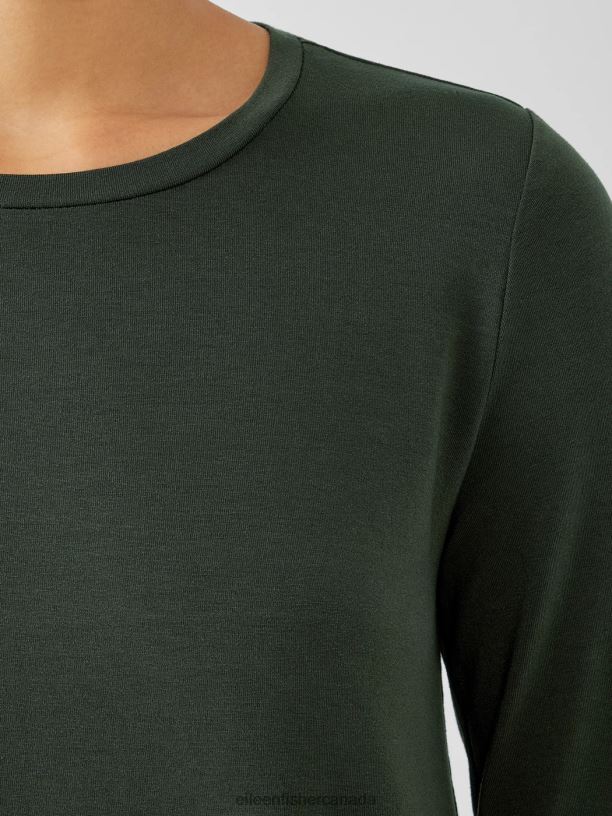 EILEEN FISHER Stretch Jersey Knit Crew Neck Long Top Easy Fit Thigh Length Women WOODLAND Clothing 024FN267