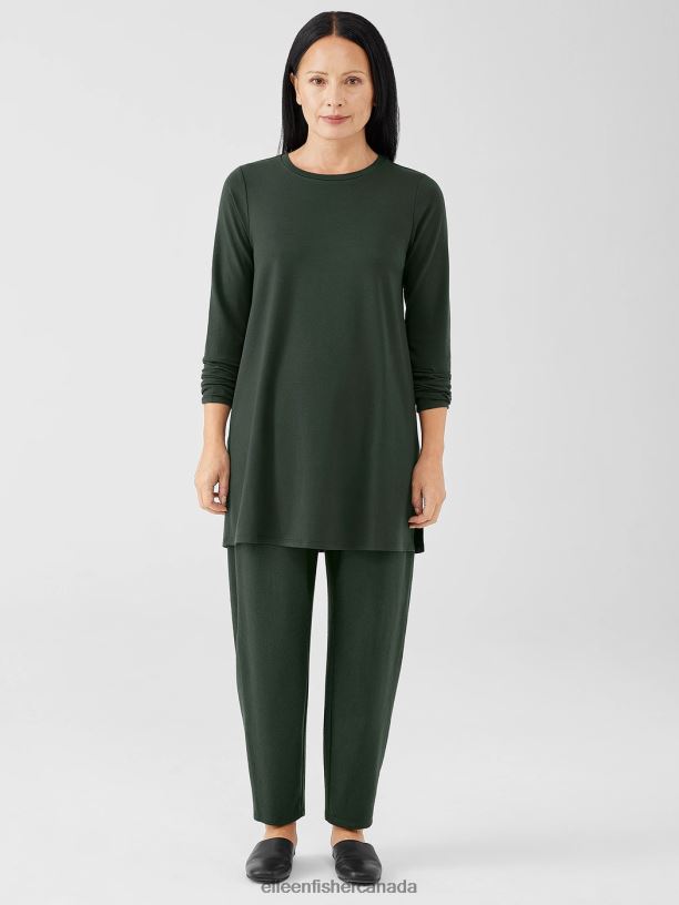 EILEEN FISHER Stretch Jersey Knit Crew Neck Long Top Easy Fit Thigh Length Women WOODLAND Clothing 024FN267