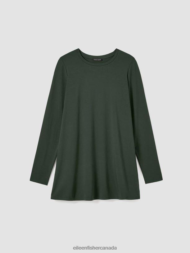 EILEEN FISHER Stretch Jersey Knit Crew Neck Long Top Easy Fit Thigh Length Women WOODLAND Clothing 024FN267
