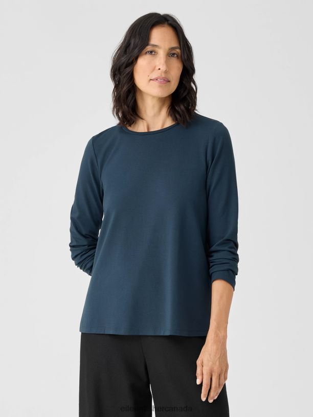 EILEEN FISHER Stretch Jersey Knit Crew Neck Top Easy Fit Basic Length Women DEEP ADRIATIC Clothing 024FN271