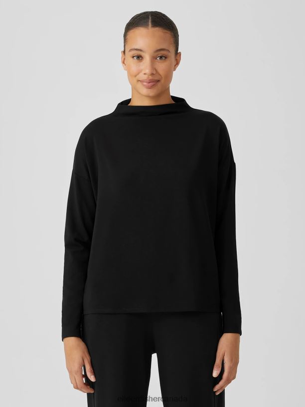 EILEEN FISHER Stretch Jersey Knit Funnel Neck Top Boxy Fit Basic Length Women BLACK Clothing 024FN275