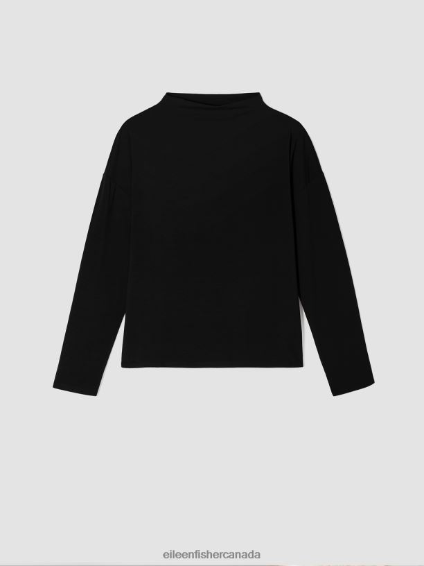 EILEEN FISHER Stretch Jersey Knit Funnel Neck Top Boxy Fit Basic Length Women BLACK Clothing 024FN275