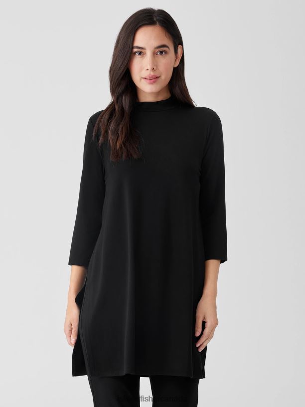 EILEEN FISHER Stretch Jersey Knit Mock Neck Long Top Easy Fit Thigh Length Women BLACK Clothing 024FN202