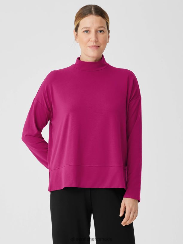 EILEEN FISHER Stretch Jersey Knit Mock Neck Top Boxy Fit Basic Length Women MAGENTA Clothing 024FN274