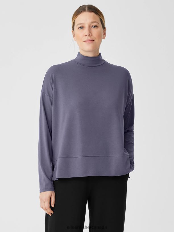 EILEEN FISHER Stretch Jersey Knit Mock Neck Top Boxy Fit Basic Length Women TWILIGHT Clothing 024FN273