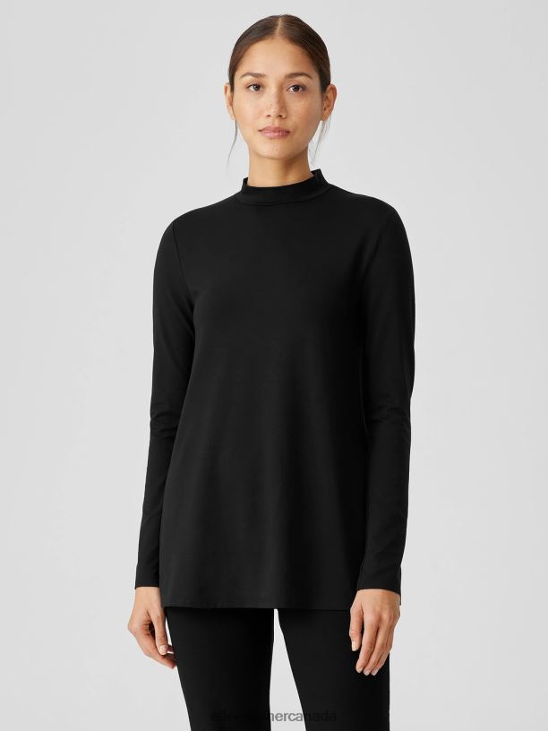 EILEEN FISHER Stretch Jersey Knit Mock Neck Top Easy Fit Long Length Women BLACK Clothing 024FN215