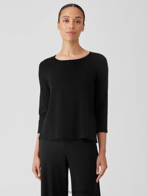 EILEEN FISHER Stretch Jersey Knit Scoop Neck Top Easy Fit Basic Length Women BLACK Clothing 024FN209