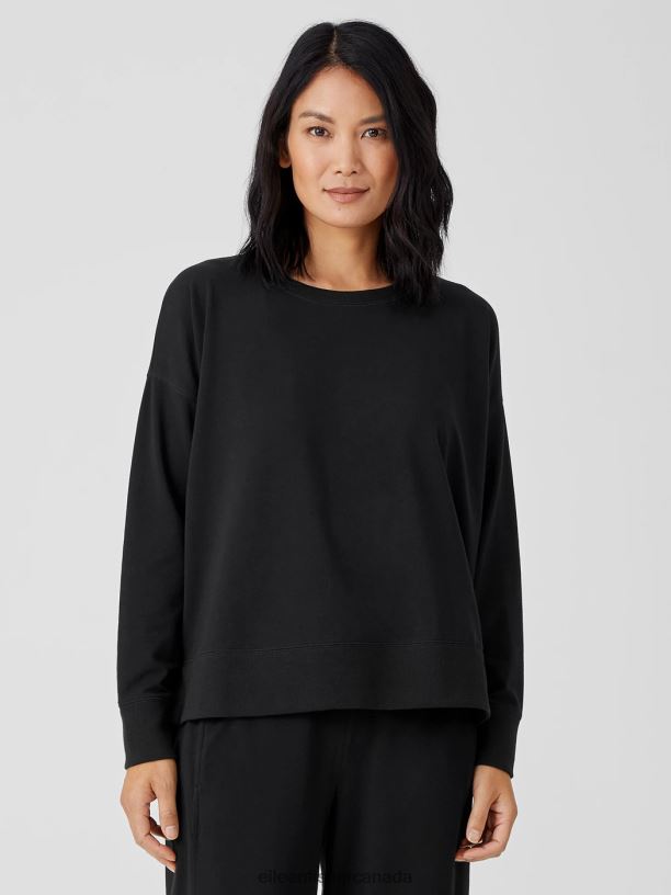 EILEEN FISHER Traceable Cotton Jersey Crew Neck Top Boxy Fit Basic Length Women BLACK Clothing 024FN348
