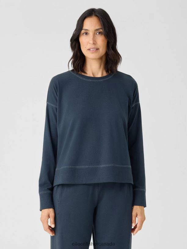 EILEEN FISHER Traceable Cotton Jersey Crew Neck Top Boxy Fit Basic Length Women DEEP ADRIATIC Clothing 024FN351