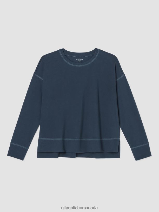 EILEEN FISHER Traceable Cotton Jersey Crew Neck Top Boxy Fit Basic Length Women DEEP ADRIATIC Clothing 024FN351