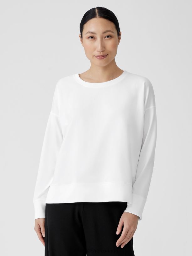 EILEEN FISHER Traceable Cotton Jersey Crew Neck Top Boxy Fit Basic Length Women WHITE Clothing 024FN349