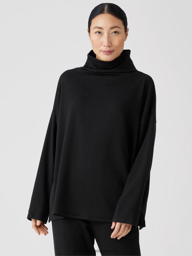 EILEEN FISHER Cozy Brushed Terry Funnel Hug Neck Box-Top Boxy Fit Basic Length Women BLACK Clothing 024FN361