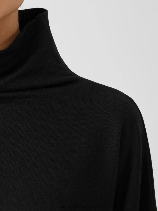 EILEEN FISHER Cozy Brushed Terry Funnel Hug Neck Box-Top Boxy Fit Basic Length Women BLACK Clothing 024FN361