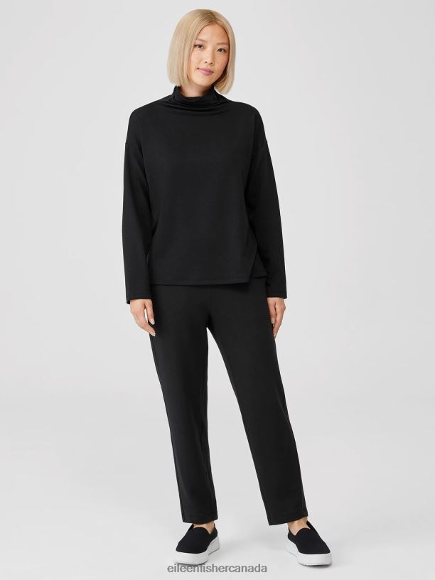 EILEEN FISHER Cozy Brushed Terry Funnel Hug Neck Box-Top Boxy Fit Basic Length Women BLACK Clothing 024FN361